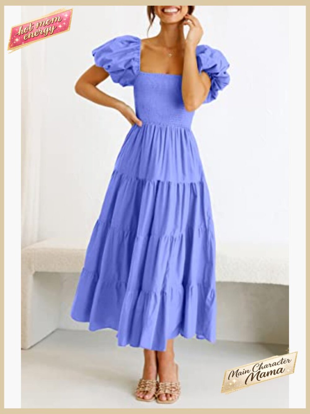 Tiered Square Neck Puffy Sleeve Midi Dress Smocked A-Line Spring Casual - Picture 2 of 7